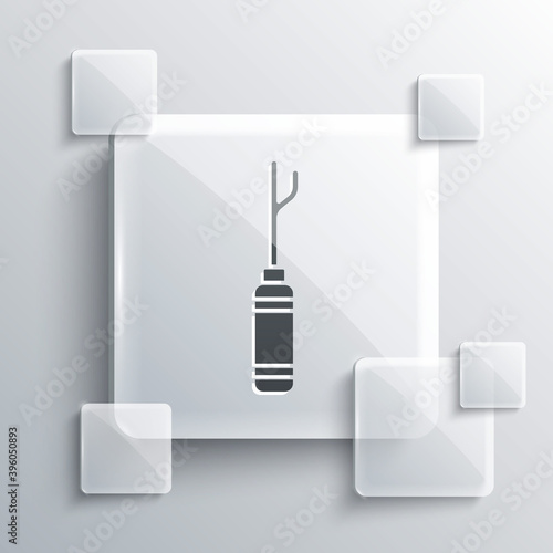 Grey Awl tool with wooden handle icon isolated on grey background. Work equipment tailor industry. Square glass panels. Vector Illustration.