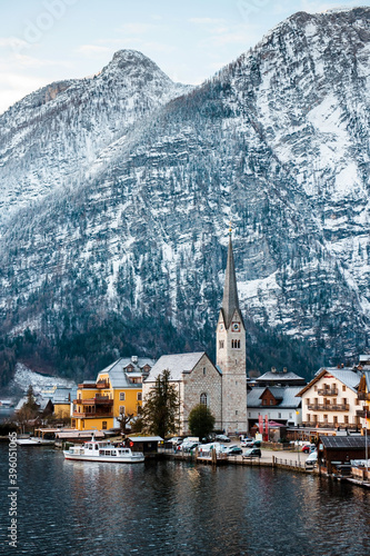 Scenic view of town Hallstatt with snowy Alps © WellStock