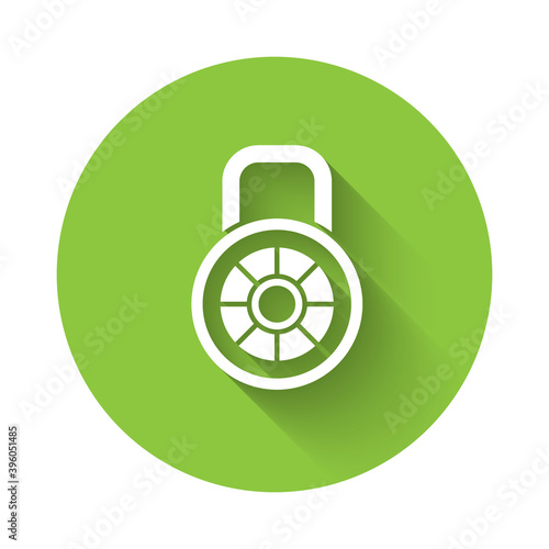White Safe combination lock icon isolated with long shadow. Combination padlock. Security, safety, protection, password, privacy. Green circle button. Vector.