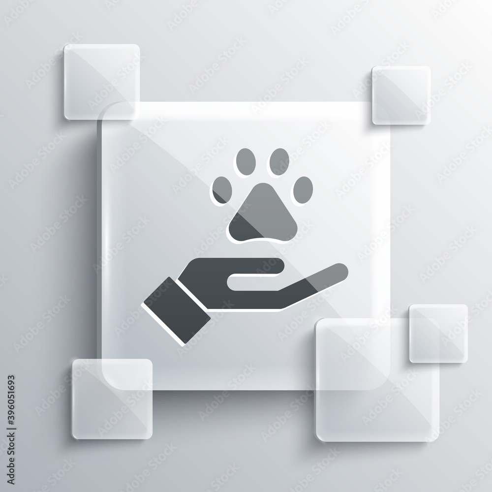 Grey Hands with animals footprint icon isolated on grey background. Pet paw in heart. Love to the animals. Square glass panels. Vector. Grey Hands with animals footprint icon isolated on grey background. Pet paw in heart. Love to the animals. Square glass panels. Vector.