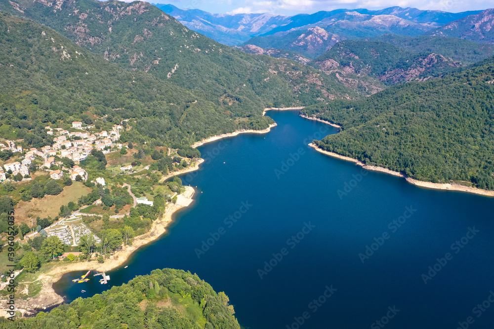 Aerial view, Lac de Tolla is a reservoir on the mediterranean island of Corsica. It is located in the south of the island, east of the island's capital Ajaccio, Tourism and vacation concept.
