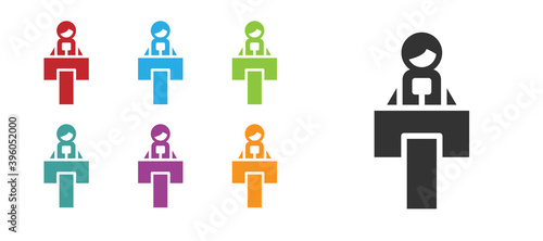 Black Stage stand or debate podium rostrum icon isolated on white background. Conference speech tribune. Set icons colorful. Vector.