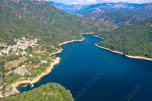 Aerial view, Lac de Tolla is a reservoir on the mediterranean island of Corsica. It is located in the south of the island, east of the island's capital Ajaccio, Tourism and vacation concept. 