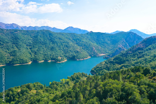 Aerial view, Lac de Tolla is a reservoir on the mediterranean island of Corsica. It is located in the south of the island, east of the island's capital Ajaccio, Tourism and vacation concept.