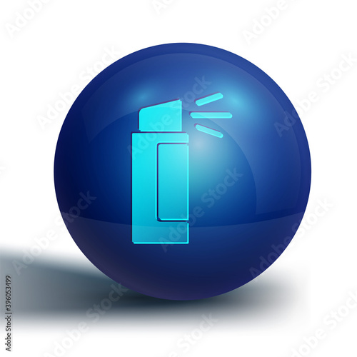 Blue Pepper spray icon isolated on white background. OC gas. Capsicum self defense aerosol. Blue circle button. Vector.