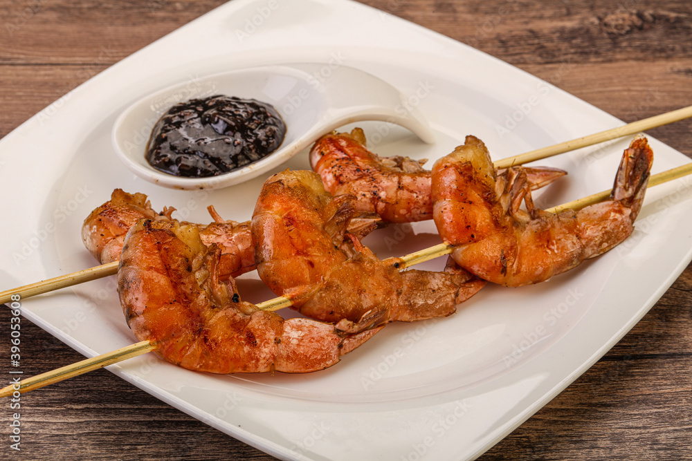 Grilled prawn skewer with pepper sauce Grilled prawn skewer with pepper sauce