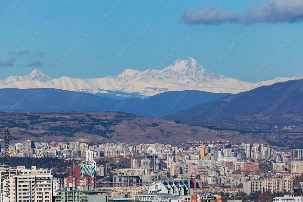 Panoramic view of Tbilisi, in the distance you can see Mount Kazbek