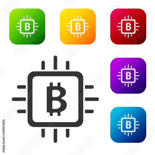 Black CPU mining farm icon isolated on white background. Bitcoin sign inside processor. Cryptocurrency mining community. Digital money. Set icons in color square buttons. Vector.