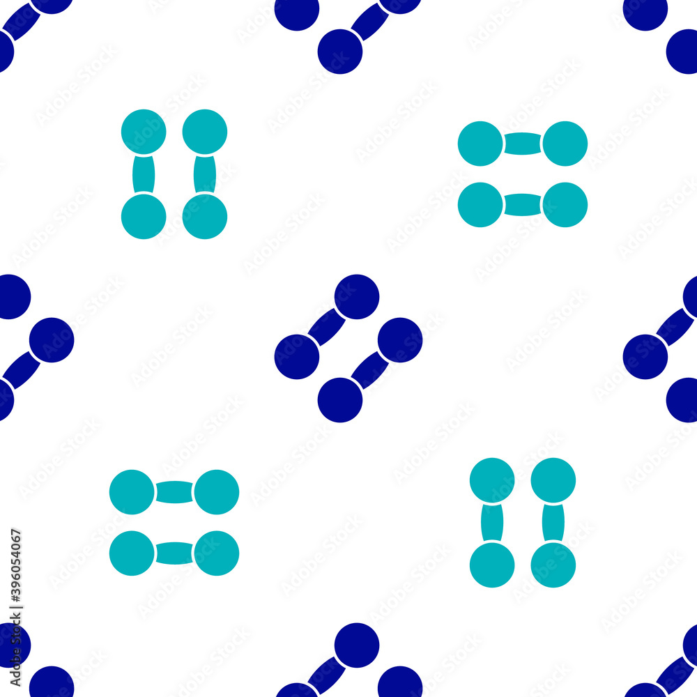 Blue Dumbbell icon isolated seamless pattern on white background. Muscle lifting icon, fitness barbell, gym, sports equipment, exercise bumbbell. Vector.