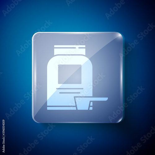 White Sports nutrition bodybuilding proteine power drink and food icon isolated on blue background. Square glass panels. Vector.