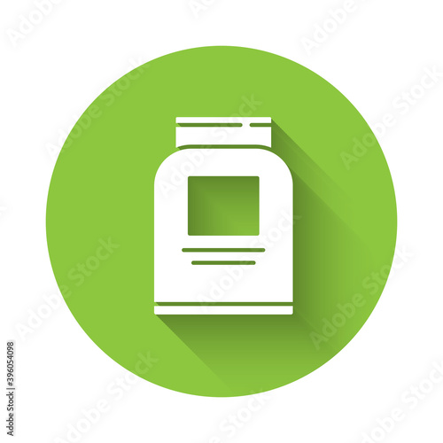 White Sports nutrition bodybuilding proteine power drink and food icon isolated with long shadow. Green circle button. Vector.