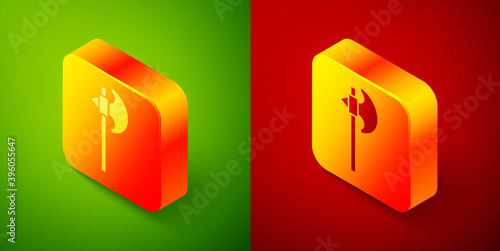 Isometric Medieval axe icon isolated on green and red background. Battle axe, executioner axe. Medieval weapon. Square button. Vector.