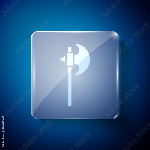 White Medieval axe icon isolated on blue background. Battle axe, executioner axe. Medieval weapon. Square glass panels. Vector.