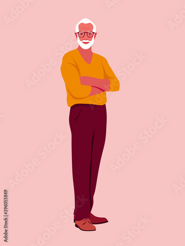 An elderly confident man stands at full height. Grandfather crosses his arms and smiles. Happy old age. Vector flat illustration