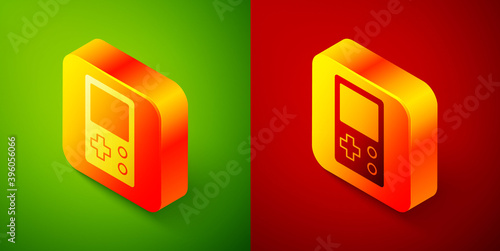 Isometric Portable tetris electronic game icon isolated on green and red background. Vintage style pocket brick game. Interactive playing device. Square button. Vector.