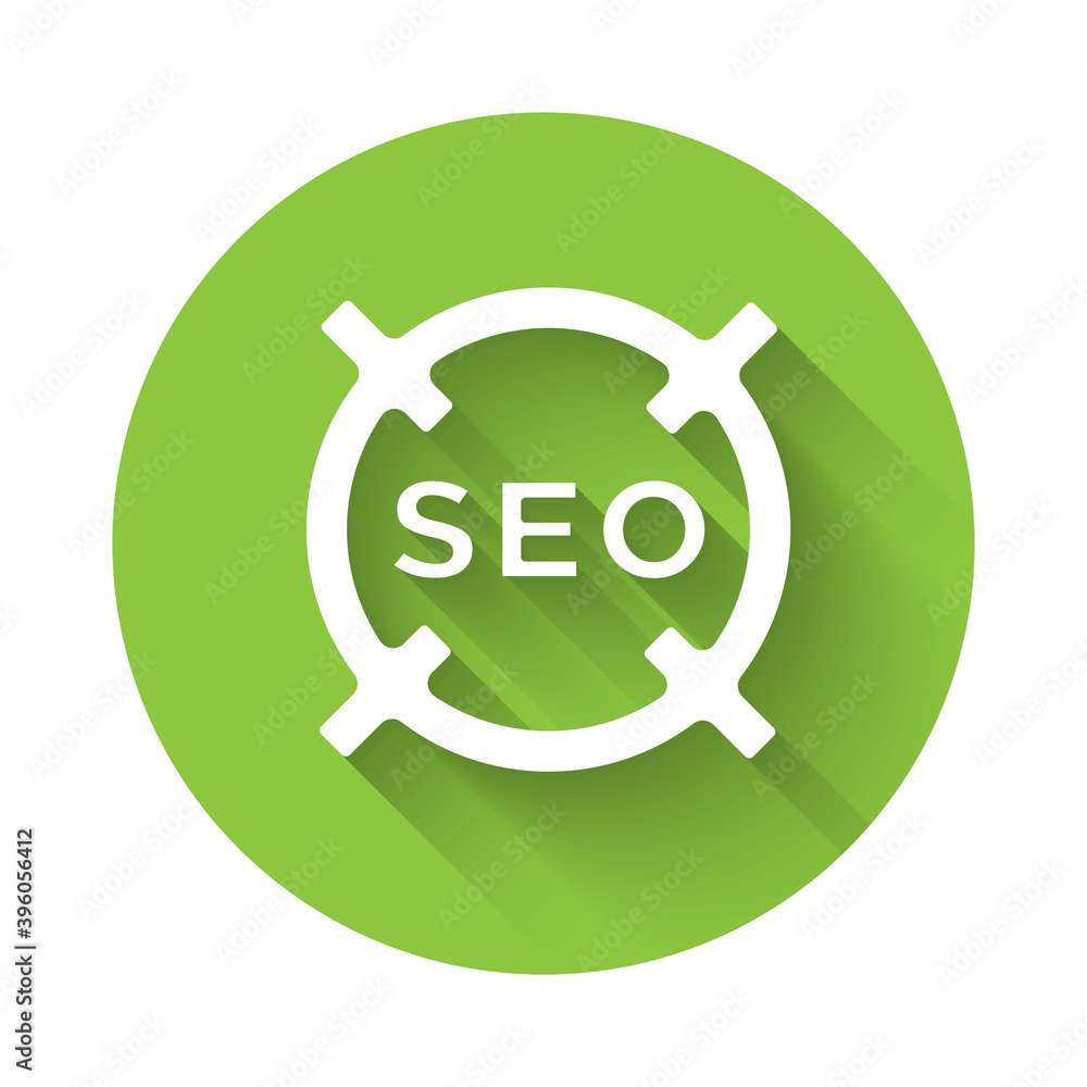 White SEO optimization icon isolated with long shadow. Green circle button. Vector. White SEO optimization icon isolated with long shadow. Green circle button. Vector.