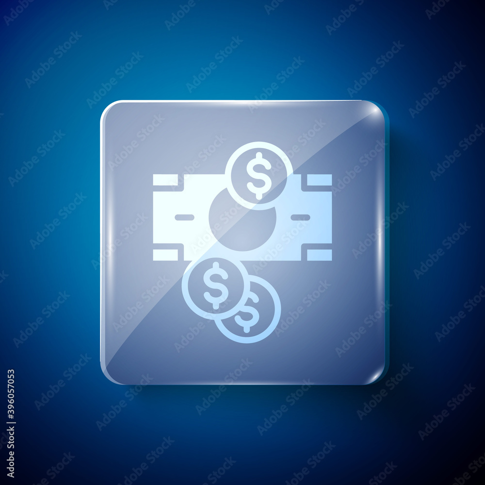White Stacks paper money cash and coin money with dollar symbol icon isolated on blue background. Money banknotes stacks. Square glass panels. Vector. White Stacks paper money cash and coin money with dollar symbol icon isolated on blue background. Money banknotes stacks. Square glass panels. Vector.