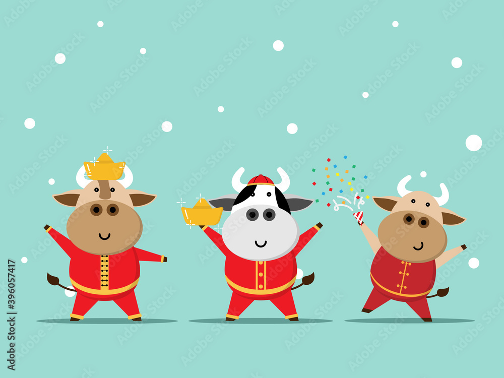 happy chinese new year, year of ox cute cow in red suit