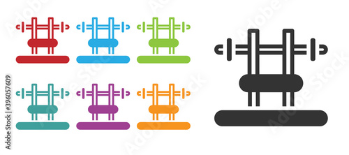 Black Bench with barbel icon isolated on white background. Gym equipment. Bodybuilding, powerlifting, fitness concept. Set icons colorful. Vector.