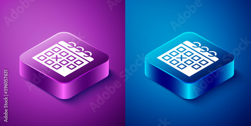 Isometric Calendar fitness icon isolated on blue and purple background. Training schedule. Square button. Vector.
