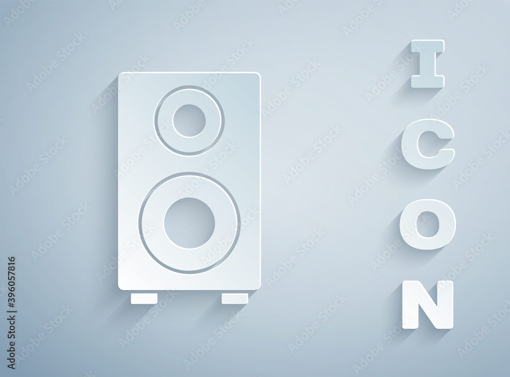 Paper cut Stereo speaker icon isolated on grey background. Sound system speakers. Music icon. Musical column speaker bass equipment. Paper art style. Vector. Paper cut Stereo speaker icon isolated on grey background. Sound system speakers. Music icon. Musical column speaker bass equipment. Paper art style. Vector.