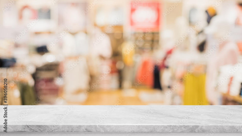 Empty white marble stone table top and blur glass window interior shopping mall banner mock up abstract background - can used for display or montage your products.