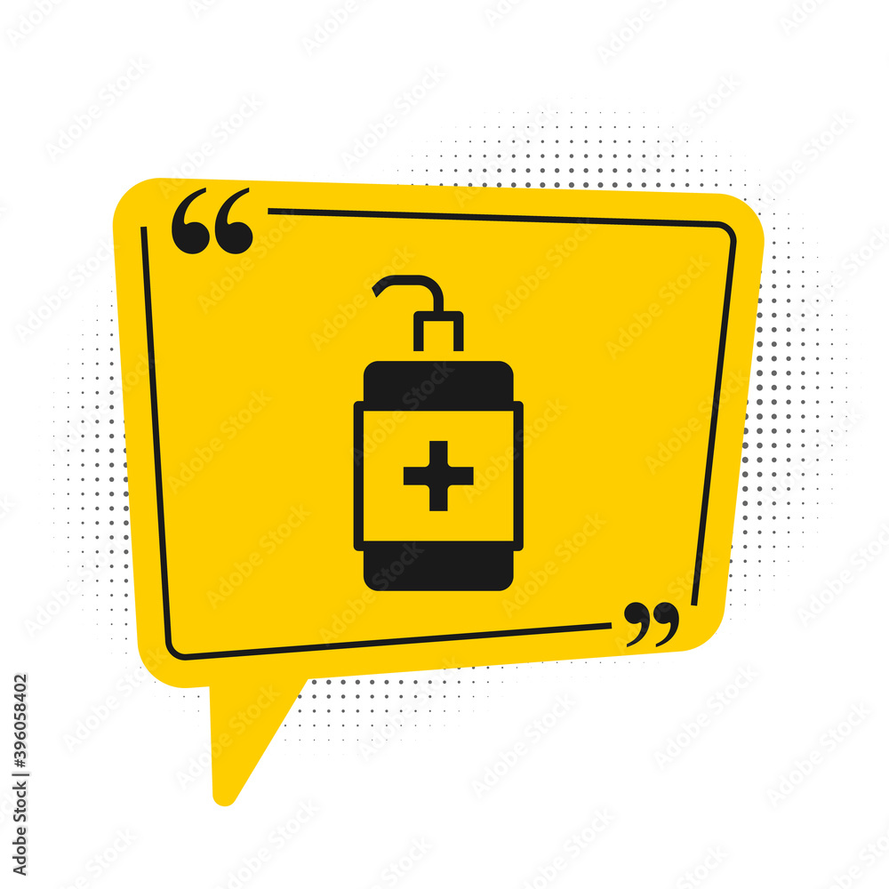 Black Hand sanitizer bottle icon isolated on white background. Disinfection concept. Washing gel. Alcohol bottle for hygiene. Yellow speech bubble symbol. Vector. Black Hand sanitizer bottle icon isolated on white background. Disinfection concept. Washing gel. Alcohol bottle for hygiene. Yellow speech bubble symbol. Vector.