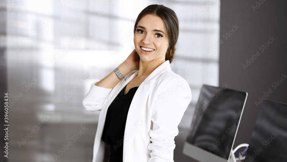 Beautiful young businesswoman is standing straight in a modern office. Concept of success in a business Beautiful young businesswoman is standing straight in a modern office. Concept of success in a business