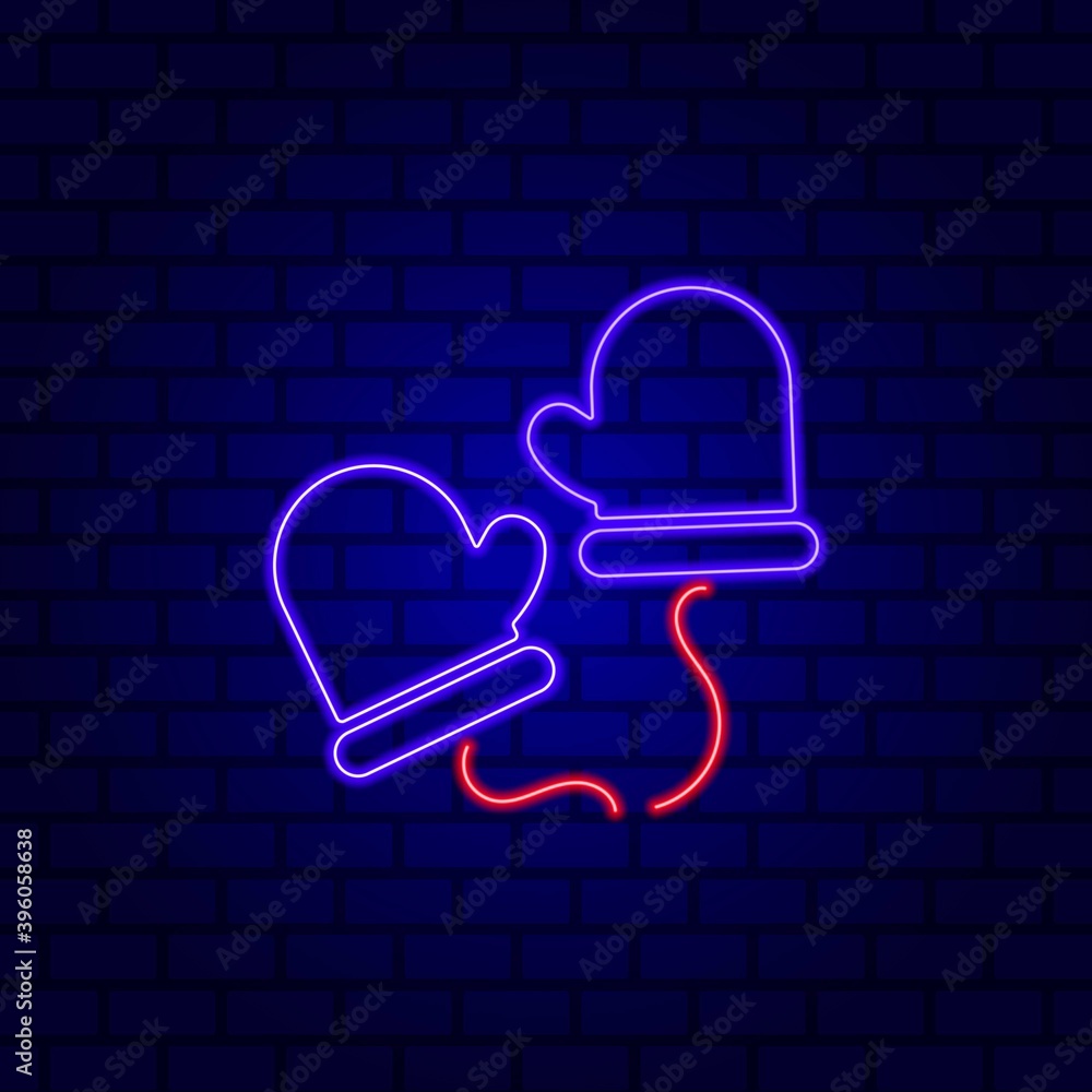 Glowing neon Christmas mitten icon isolated on brick wall background. Vector Illustration