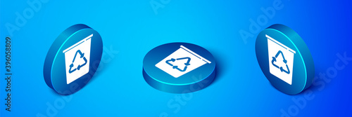 Isometric Recycle bin with recycle symbol icon isolated on blue background. Trash can icon. Garbage bin sign. Recycle basket sign. Blue circle button. Vector.