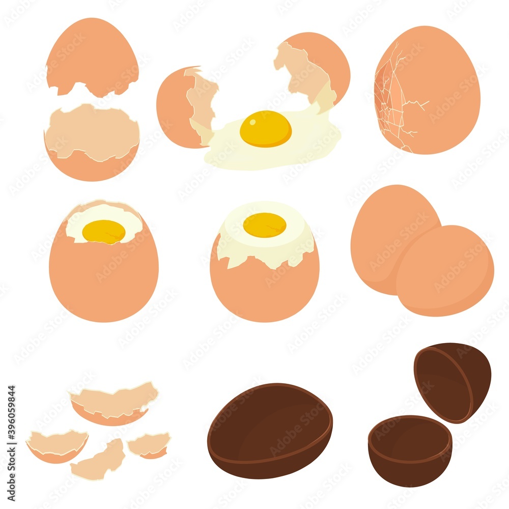 Eggshell icons set. Isometric set of eggshell vector icons for web design isolated on white background Eggshell icons set. Isometric set of eggshell vector icons for web design isolated on white background