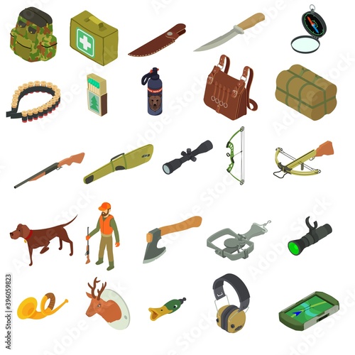 Hunting equipment icons set. Isometric set of hunting equipment vector icons for web design isolated on white background