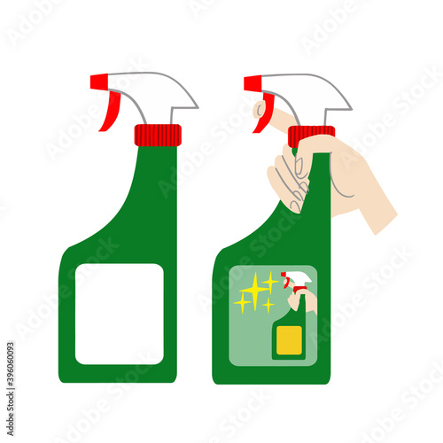 Illustration of detergent for cleaning and hand holding the detergent