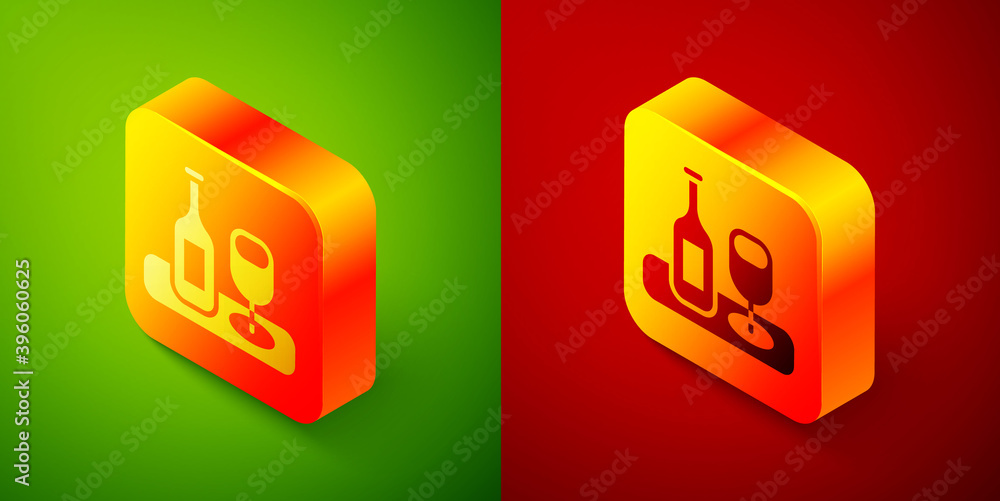 Isometric Wine bottle with glass icon isolated on green and red background. Square button. Vector. Isometric Wine bottle with glass icon isolated on green and red background. Square button. Vector.