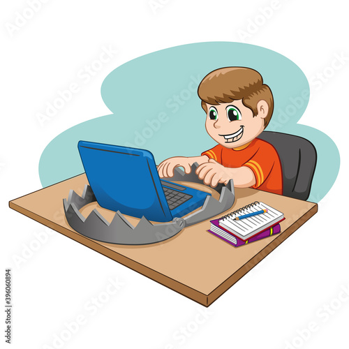 Illustration of a Caucasian child and the dangers of the internet, virtual traps, colorful. Ideal for catalogs, newsletters and institutional material