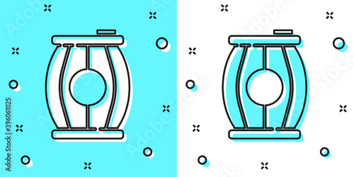 Black line Gun powder barrel icon isolated on green and white background. TNT dynamite wooden old barrel. Random dynamic shapes. Vector.