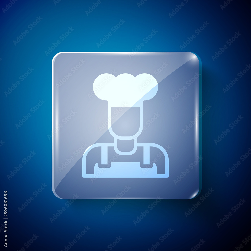 White Cook icon isolated on blue background. Chef symbol. Square glass panels. Vector. White Cook icon isolated on blue background. Chef symbol. Square glass panels. Vector.