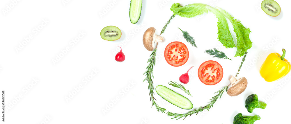 Funny face from different vegetables tomatoes, cucumber, radish, dill and rosemary isolated on white background. Healthy eating and vegan food concept. Kitchen Funny face from different vegetables tomatoes, cucumber, radish, dill and rosemary isolated on white background. Healthy eating and vegan food concept. Kitchen