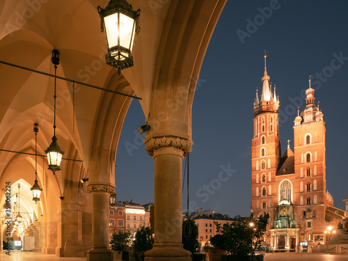 Krakow attractions in market square in the evening. Symbol of Krakow, Poland Europe. photo