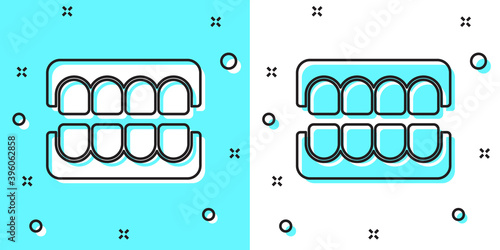Black line False jaw icon isolated on green and white background. Dental jaw or dentures, false teeth with incisors. Random dynamic shapes. Vector.
