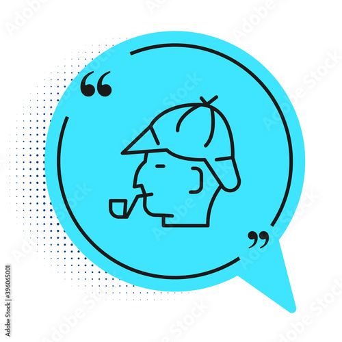 Black line Sherlock Holmes with smoking pipe icon isolated on white background. Detective. Blue speech bubble symbol. Vector.