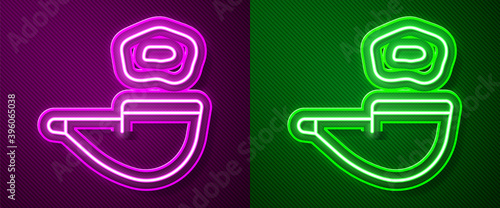 Glowing neon line Smoking pipe with smoke icon isolated on purple and green background. Tobacco pipe. Vector.