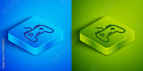 Isometric line Gamepad icon isolated on blue and green background. Game controller. Square button. Vector.