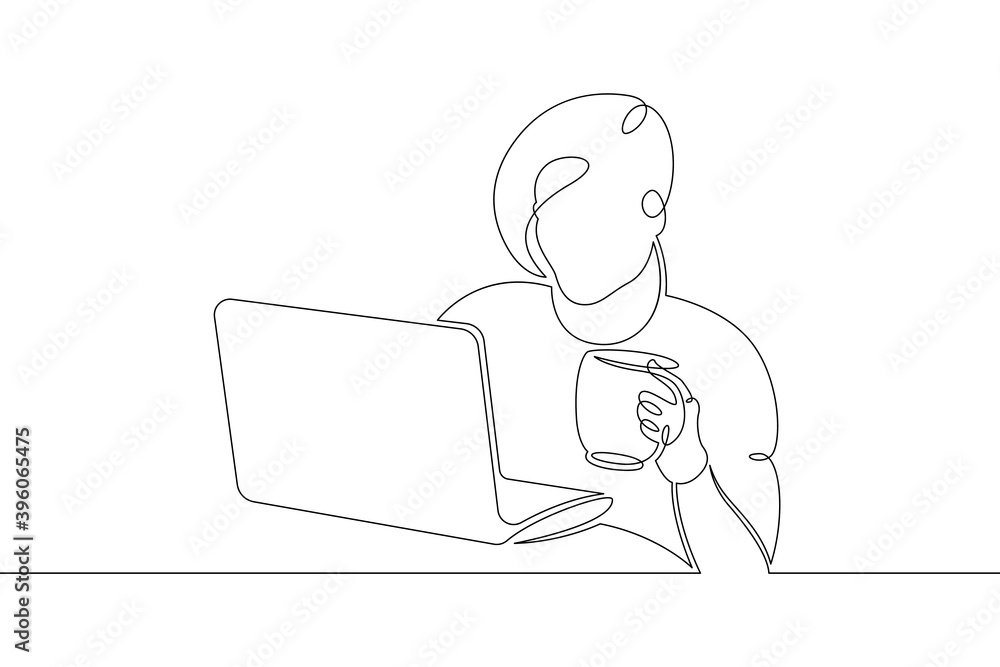 Young woman sits working at a laptop computer. The designer manager works on the Internet. One continuous drawing line, logo single hand drawn art doodle isolated minimal illustration.