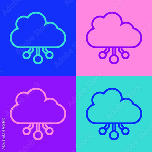 Pop art line Cryptocurrency cloud mining icon isolated on color background. Blockchain technology, bitcoin, digital money market, cryptocoin wallet. Vector.
