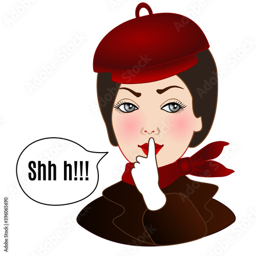 woman with character shushing "Shh h" to politely tell people to shut up & be quiet to keep silence, she using finger on mouth gesture to stop talking