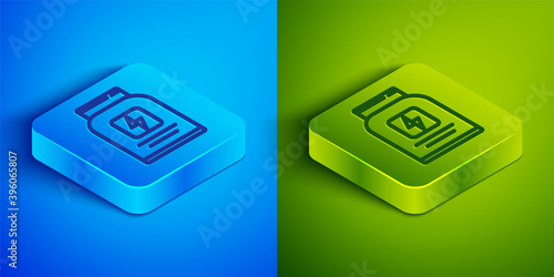 Isometric line Sports nutrition bodybuilding proteine power drink and food icon isolated on blue and green background. Square button. Vector.