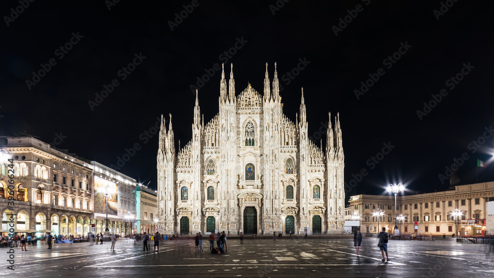 Piazza del Duomo or Duomo Square. Duomo di Milano Cathedral and Galleria Vittorio Emanuele II of panoramic view. Milano, Italy.
