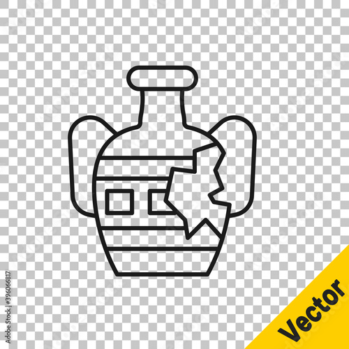 Black line Broken ancient amphorae icon isolated on transparent background. Vector.