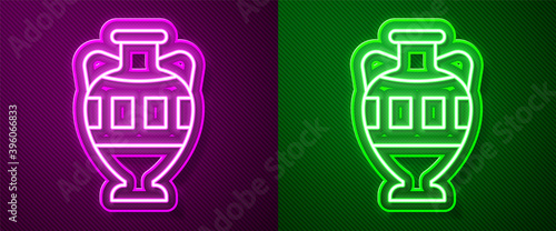 Glowing neon line Ancient amphorae icon isolated on purple and green background. Vector.